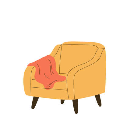 Lounge seat with wood legs and throw blanket on armrest. Cozy trendy furniture designのイラスト素材