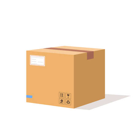 Parcel carton box vector container, package paper box flat cartoon design isolated on whiteのイラスト素材