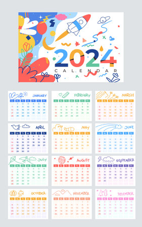 Handdrawn colorful 2024 calendar. kids drawing styleのイラスト素材