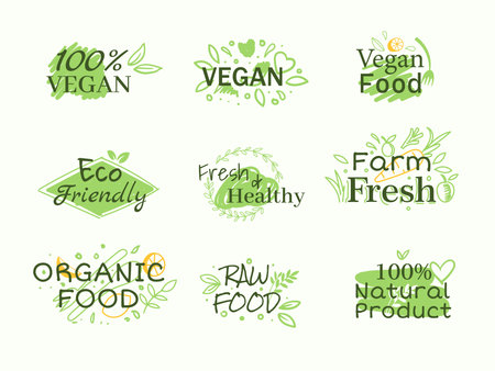 Organic logos and icons, labels, tags. Hand drawn fresh healthy food badgesのイラスト素材
