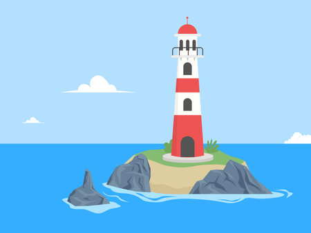 Light house on rocks at day. light towerのイラスト素材