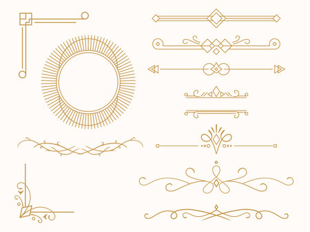Collection of geometric lines art deco ornament. Luxury decorative elementsのイラスト素材