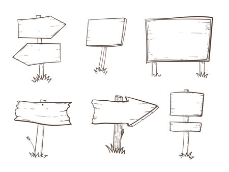 Hand drawn set of road direction sign. Doodle sketch style. Sign with wood plankのイラスト素材