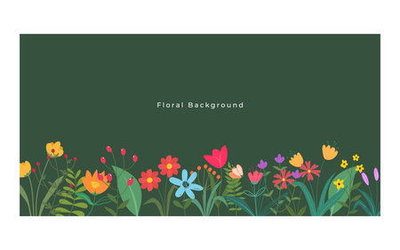 Horizontal green banner or floral backdrop decorated flowers and leaves borderのイラスト素材