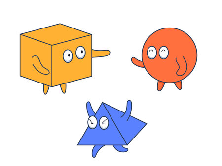 Basic Geometric Figures with face emotions, hands and legs. Different shapesのイラスト素材