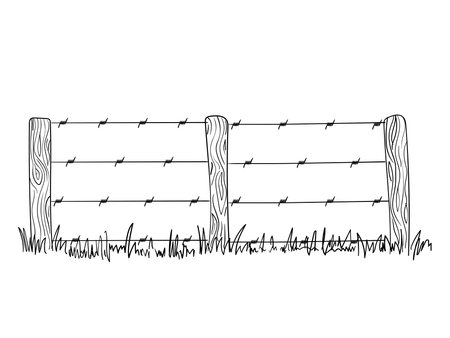 Wooden posts with barbed wire. Hand drawn simple vector outline. Rural farm fence, field fencingのイラスト素材