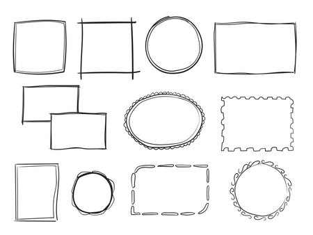 Hand drawn set of simple frame and border with different shapesのイラスト素材