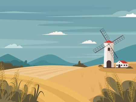 Landscape wheat field with windmill, barn, rural summer vector ilustrationのイラスト素材