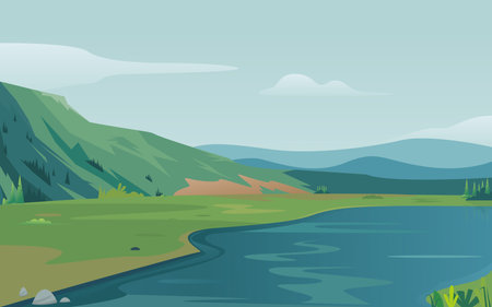 Lake with a mountain range in the background vector landscapeのイラスト素材
