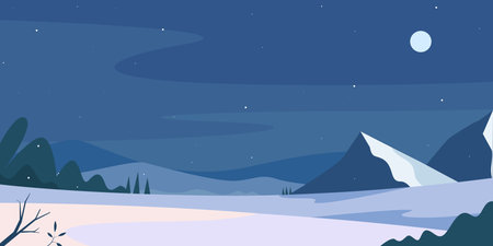 Night Winter Mountains landscape with pines and hillsのイラスト素材