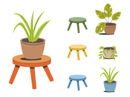 Tropical flowers with wooden small three legged stoolのイラスト素材