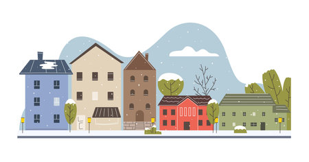 European houses street with falling snow. Christmas townのイラスト素材