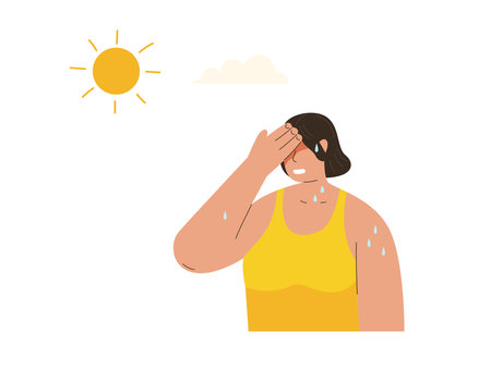 Woman at outdoor with hot sun light, high body temperature, red skin, dehydrationのイラスト素材