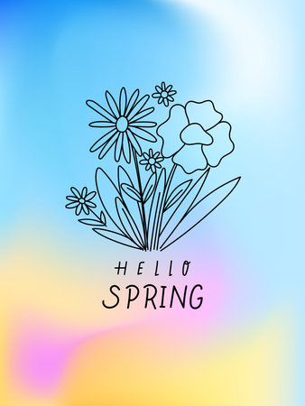 Spring card design, poster, banner, greeting card, cover, line art hello spring with blurred backgroundのイラスト素材