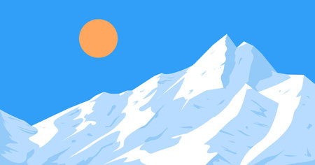 Snowy Mountain Landscape, mountain peak with sun, and blue skyのイラスト素材