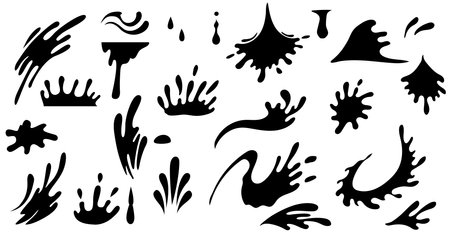 Water splash silhouettes, ink drops, falling water, spray, tears, paint spill, aqua splatter, aqua, ripplesのイラスト素材