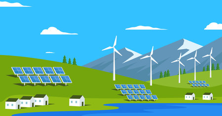 Wind power generator and solar panel, renewable energy power, natural landscapeのイラスト素材