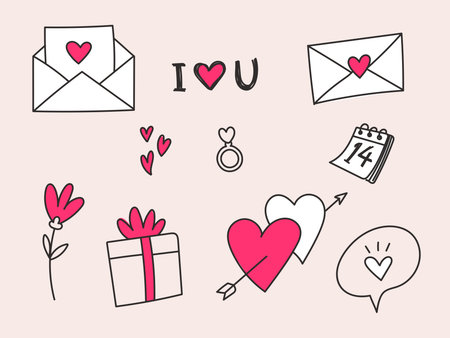 Romantic valentines day events, doodle love theme setのイラスト素材