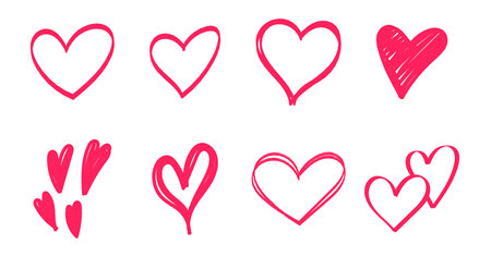 Heart icon, red doodle hearts, set hand drawn love symbolのイラスト素材