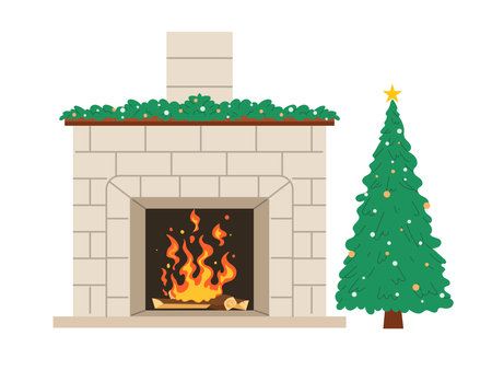 Christmas fireplace with pine trees, home interior, Christmas decoratedのイラスト素材