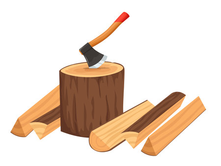 Axe and firewood, wooden lumber heap, cutting hardwood toolのイラスト素材