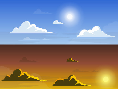 Landscap day and sunset, cloudscape view, cloud, sky and sunのイラスト素材
