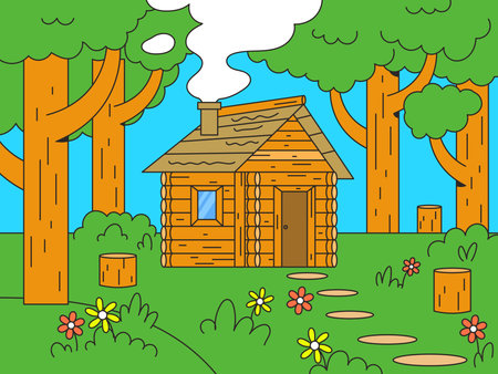 Wood cabin, wooden house in the forest, cozy retreat in nature cartoonのイラスト素材