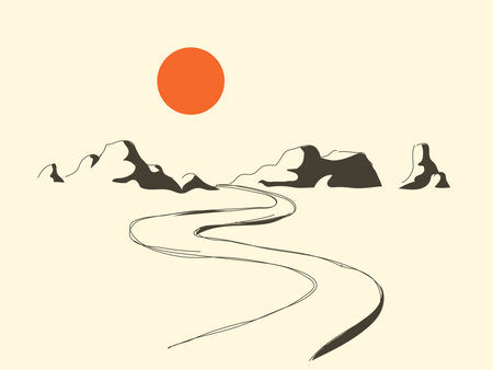 Desert landscape with rock formations, sun and roadのイラスト素材