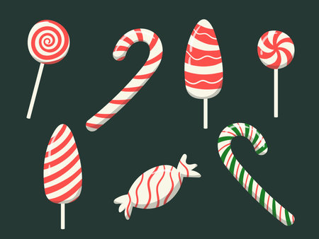 Christmas candy canes, lollipops, peppermint candies collectionのイラスト素材