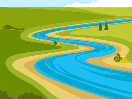 Landscape with river and green grassland, river illustrationのイラスト素材
