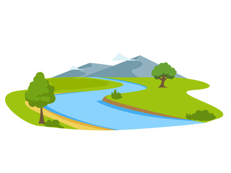 River cartoon, waterways, river bank with tree and mountainのイラスト素材