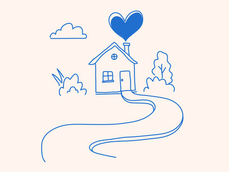 Road to comfortable house with trees, plant and heart iconのイラスト素材