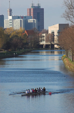A group of rowers paddling along a Dutch canal near The Hague