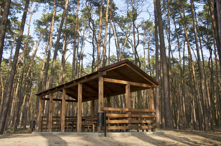 Wooden sheltered terrace in the middle of Polish woodsの写真素材