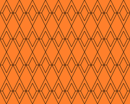 Orange V alphabet letter, diamond fabric, ethnic, rhombus, thin diagonal lines, triangle, valentine repeating pattern on orange background. Wall and floor ceramic tiles pattern.のイラスト素材