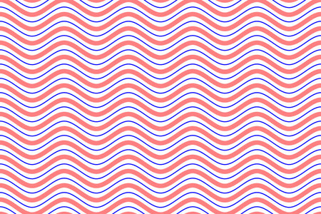 Horizontal ocean wave lines seamless pattern. Red and blue geometric wavy stripes fabric pattern on white background vector. Abstract optical illusion curve strips.のイラスト素材