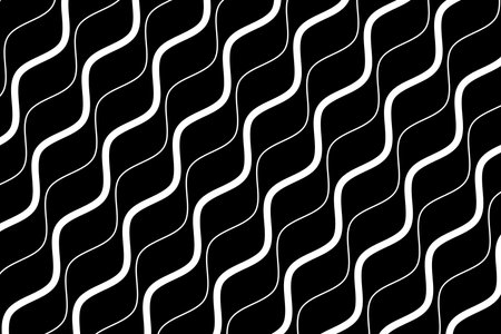 White dynamic motion wave lines fabric pattern on black background vector. Futuristic diagonal liquid wavy stripes art repeating pattern. Abstract optical illusion curve strips.のイラスト素材