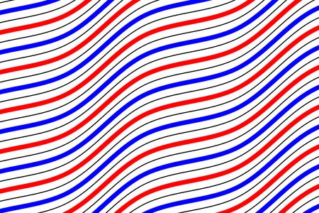 Red, blue and black dynamic motion wave lines fabric pattern on white background vector. Futuristic diagonal sea wavy stripes art pattern. Abstract optical illusion curve strips.のイラスト素材