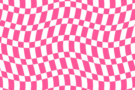 Pink and white checkered flag background vector illustration. Wavy tartan plaid fabric pattern. Abstract geometric shapes. Wave stripes ethnic pattern.のイラスト素材
