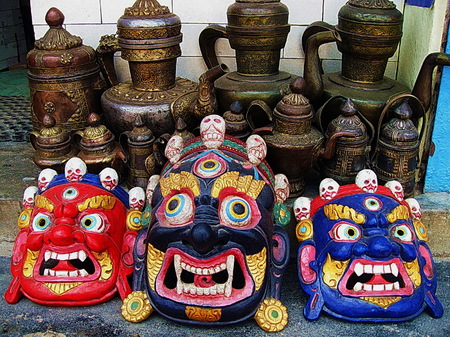 Tibetan Buddhist Deity Masks and Tea Potsの写真素材
