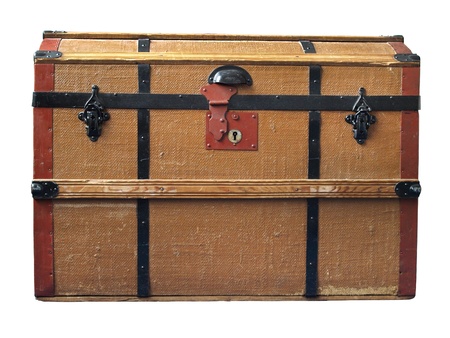 An old brown trunk with wooden frame and black locksの写真素材