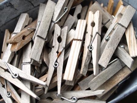 Group of old cloth pins or clothes pegの写真素材