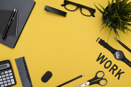 Work yellow  header office itemsの写真素材