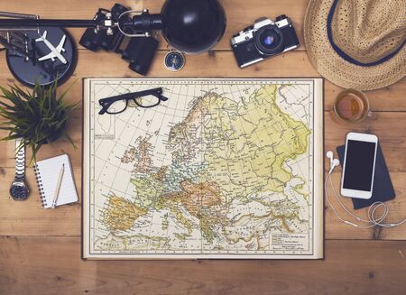 Top view retro traveling hero header imageの写真素材