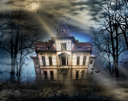 Haunted house with full moon