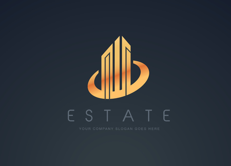 Real Estate Gold Logo Design. Golden Building Logo with Skyscrapersのイラスト素材