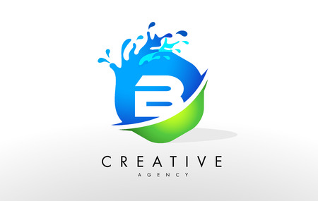 B Letter Logo. Blue Green Splash Design Vector with Water Drops.の写真素材