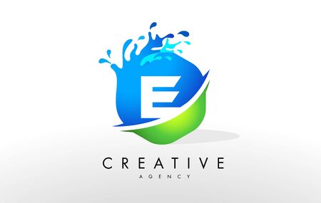 E Letter Logo. Blue Green Splash Design Vector with Water Drops.の写真素材
