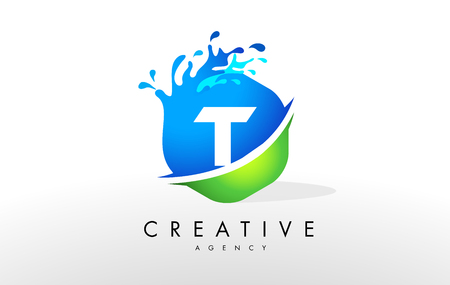 T Letter Logo. Blue Green Splash Design Vector with Water Drops.の写真素材