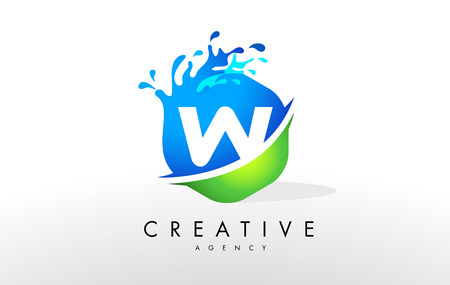 W Letter Logo. Blue Green Splash Design Vector with Water Drops.の写真素材